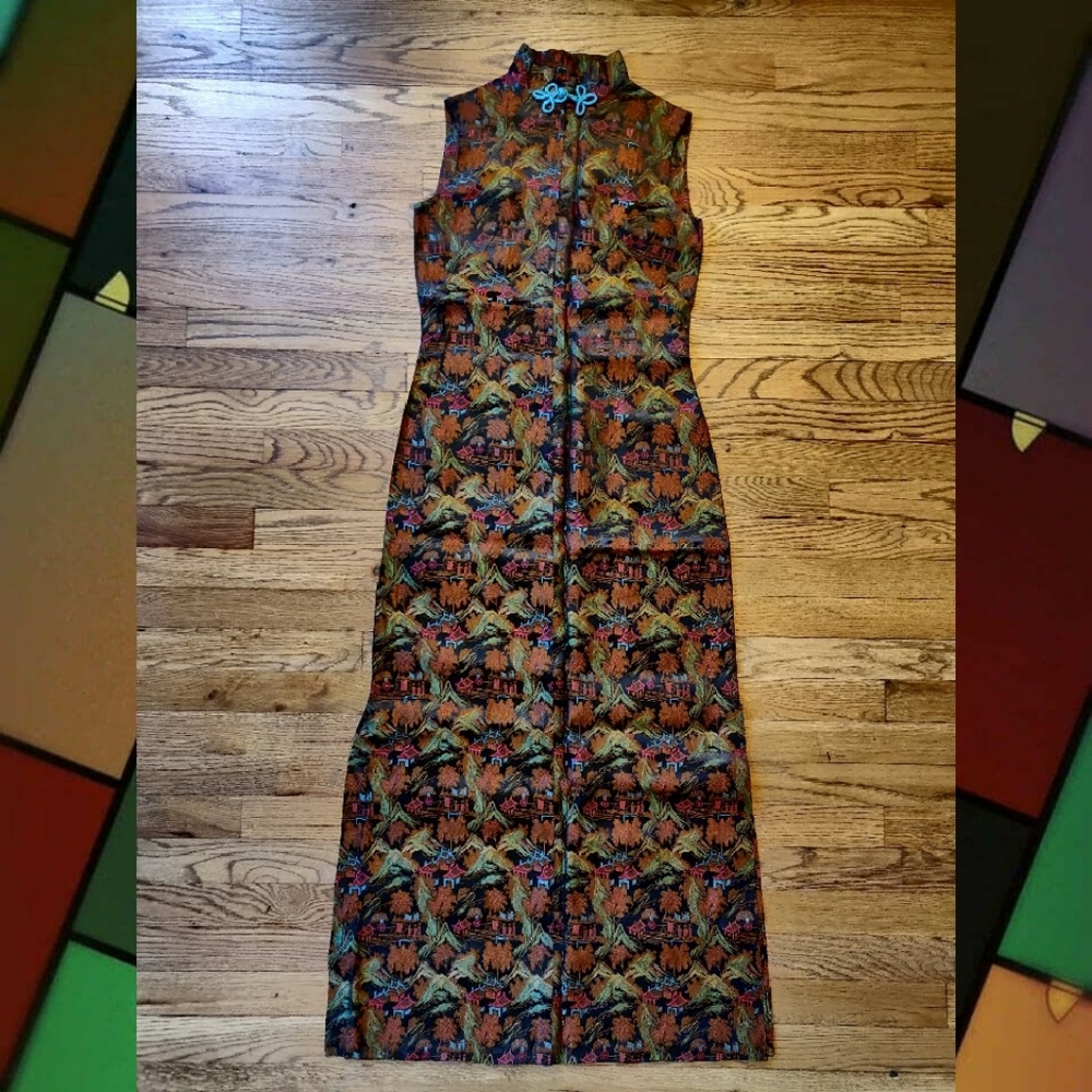 Vintage cheongsam heavy satin Chinese style maxi dress!